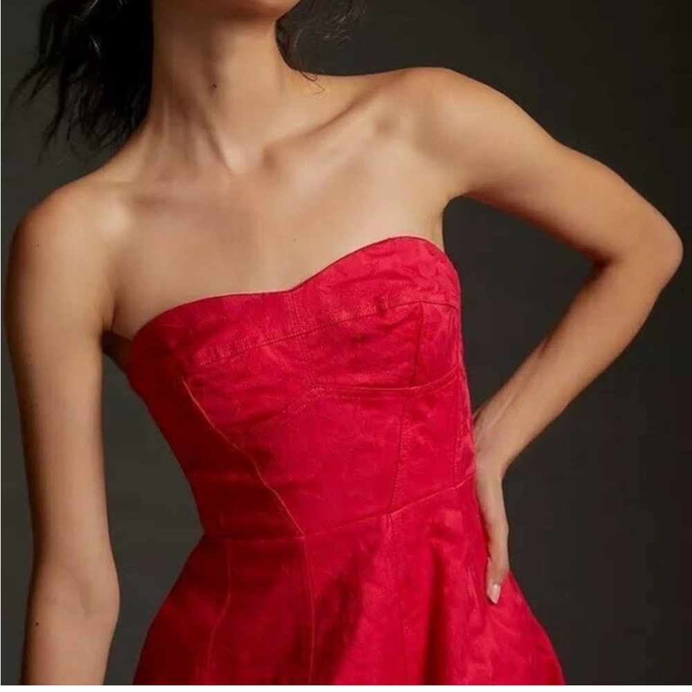 Anthropologie Floral Sweetheart Midi Dress Deep Geranium Brocade Jacquard